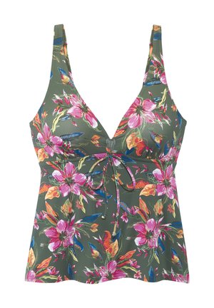 Green tankini top with pink, orange, and blue floral pattern and a front tie detail below the bust.