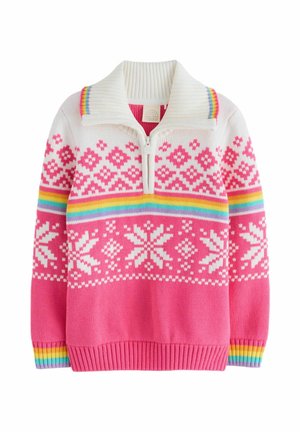 Maglione lavorato a maglia rosa e bianco con colletto a mezza zip, caratterizzato da un motivo geometrico e strisce arcobaleno sulle spalle e sui polsini.