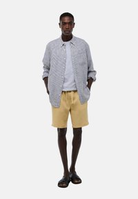 Chemise à rayures grises claire sur un tee-shirt gris, associée à un short beige et des sandales noires. La tenue présente des coupes décontractées et un design casual.