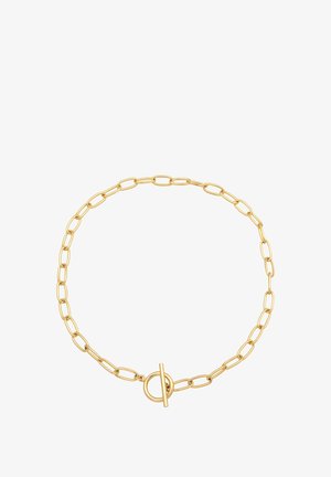 Kuldne linkehete käevõru, mis sisaldab ristkülikukujulisi ketti ja kinnitust. Sile tekstuur ja poleeritud viimistlus.