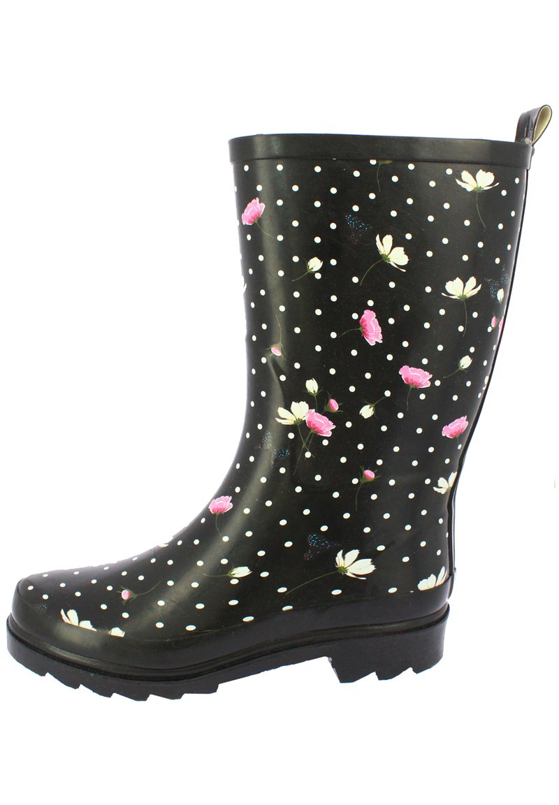 Bottes de pluie en caoutchouc noir imperméables avec des pois blancs et des motifs floraux en rose et blanc. Elles disposent d'une semelle texturée et d'un haut revers.