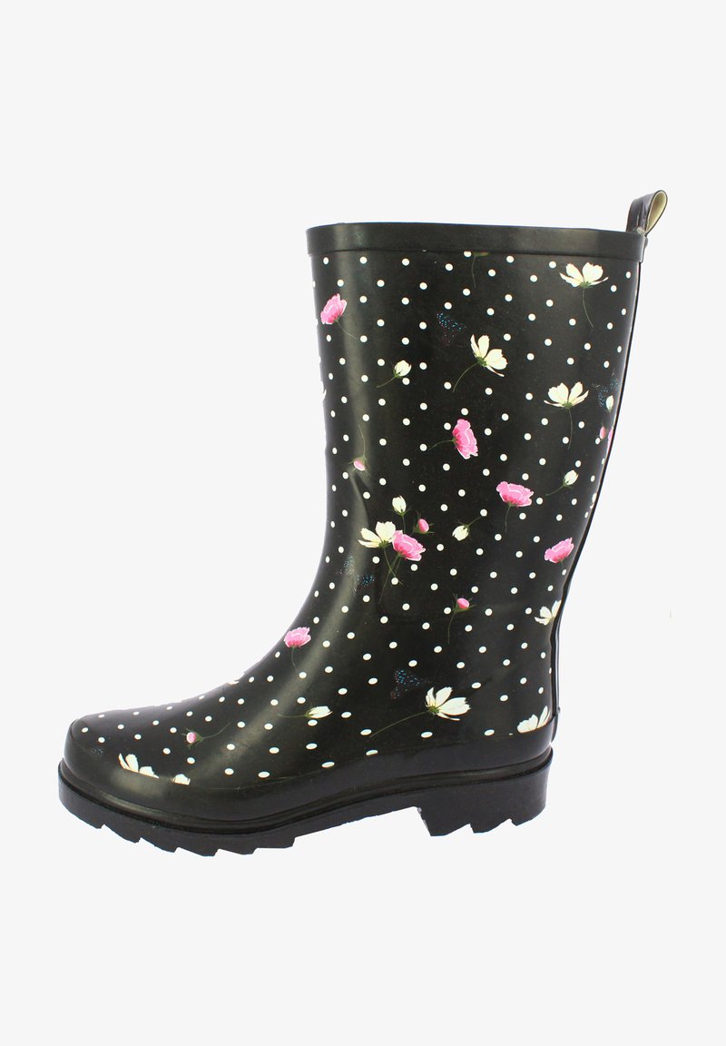 Zwarte waterdichte rubberen regenlaarzen met witte stippen en bloemmotieven in roze en wit. Ze beschikken over een gestructureerde zool en een omgeslagen bovenkant.