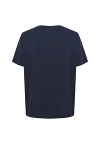 T-shirt à manches courtes bleu marine, col rond, coupe décontractée, en tissu doux, uni sans motifs ni accents, vue arrière montrée.