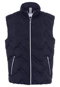 Marineblauen Steppweste mit Stehkragen, Frontreißverschluss und zwei seitlichen Taschen. Gequiltete Textur mit glatter Oberfläche, ohne Ärmel.