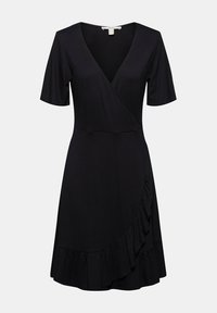 Robe portefeuille noire mi-genou avec manches courtes, encolure en V et détail de bord asymétrique à volants.