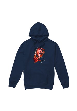 Navy blue hoodie featuring a red, detailed illustration of a menacing face with sharp, claw-like metal fingers on the chest area.