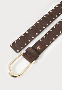 Brown suede belt featuring gold metal studs and a gold U-shaped buckle. Includes a matching buckle keeper and embossed logo detail.