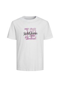 Valge puuvillane T-särk, millel on lillemustriga purpurpunane ruudustik ja mustade tähemärkidega tekst "Jack & Jones" üle "EST. 1990".