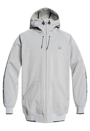 Světlý šedý mikina na zip s kapsami vpředu, černými šňůrkami, žebrovanými manžetami a lemem a logy značky na hrudi a na pruzích na rukávech.