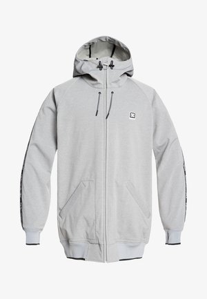Sudadera con capucha gris claro con cremallera, bolsillos frontales, cordones negros, puños y dobladillo acanalados, y logotipos de la marca en el pecho y las franjas de las mangas.