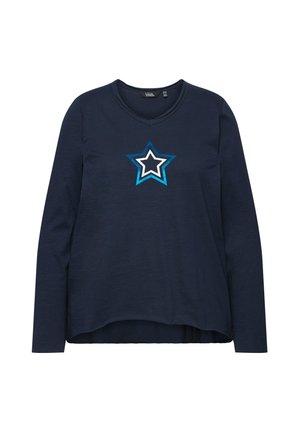 Navyblaues Langarm-T-Shirt mit V-Ausschnitt, das in der Mitte ein mehrfarbiges Stern-Graphic-Design zeigt. Hergestellt aus weichem, strukturiertem Stoff.