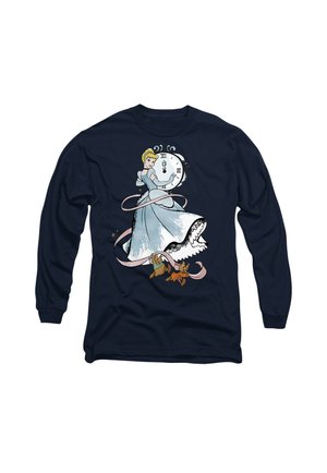 Navy long-sleeve shirt featuring a graphic of a blonde woman in a light blue gown holding a clock, with a ribbon and two animated characters below.