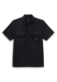 Camiseta negra de manga corta con cierre de botones en el frente, dos bolsillos en el pecho y una etiqueta con el logo de Vans; textura suave y diseño de cuello clásico.