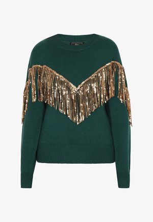 Grüner Strickpullover mit einem V-förmigen Design, das an der Vorderseite mit goldenen Paillettenfransen geschmückt ist. Gerippte Bündchen und Saum.