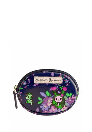 Navy oval zip pouch with purple floral pattern, featuring green Tokidoki characters and Cath Kidston x Tokidoki brand label.