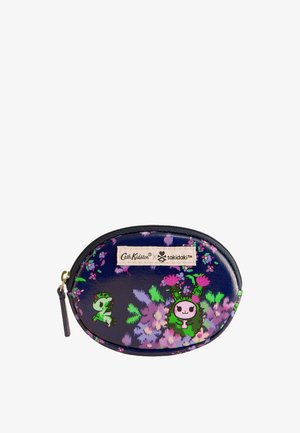 Navy oval zip pouch with purple floral pattern, featuring green Tokidoki characters and Cath Kidston x Tokidoki brand label.