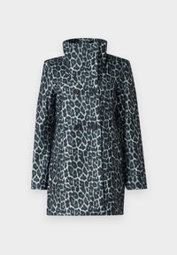 Cappotto doppiopetto in stampa leopardata di colore teal e nero, con colletto alto e due grandi bottoni, realizzato in un tessuto liscio.