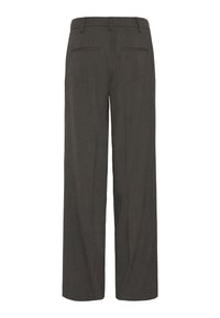 Pantalon droit gris foncé avec passants de ceinture et deux poches arrière passepoilées, vu de dos sur fond blanc.