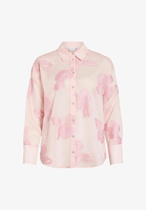 Light pink long-sleeve button-up shirt with collar and subtle darker pink floral embroidery pattern throughout.
