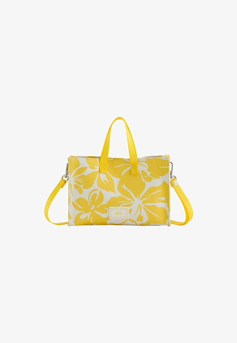 Yellow floral print handbag with white accents, made of textured material. Features dual handles and a detachable shoulder strap.