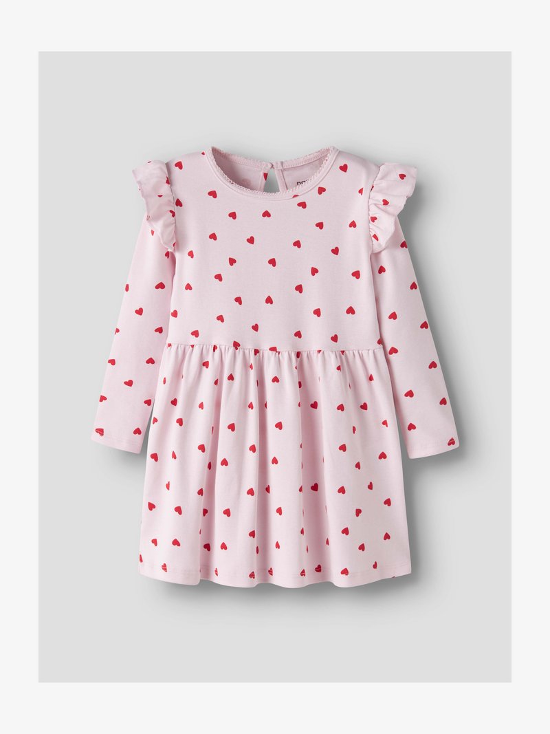 Ροζ φόρεμα για νήπια με μακριά μανίκια, κόκκινο σχέδιο με καρδιές και βολάν στους ώμους, με ελαστική μέση και κούμπωμα με κουμπιά στην πλάτη.