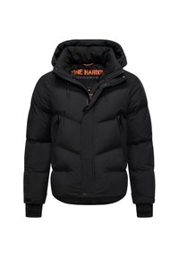 Giacca a vento nera imbottita con cappuccio, chiusura con zip, due tasche frontali, polsini a costine e design imbottito per il calore. L'interno presenta un logo arancione.