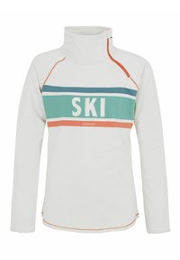 Maglione in pile bianco a maniche lunghe con colletto alto. Caratterizzato da un design a righe teal e corallo con la scritta "SKI" in evidenza sul petto.