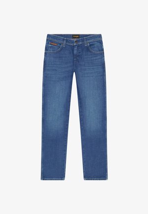 Modre Wrangler kavbojke iz denima s pet žepov, gumbom za zapiranje, zankami za pas in ravnim krojem nogavic.