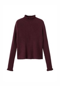 Pull en maille côtelée bordeaux avec un col montant et des poignets volants. La coupe est ample et présente une longueur courte.
