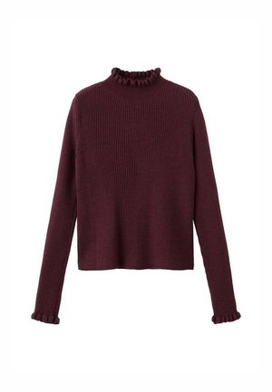 Burgundski pleteni dzemper s visokim vratom i naboranim manžetama. Dizajn je širokog kroja i ima skraćenu dužinu.