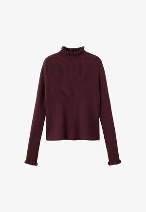 Burgundski pleteni dzemper s visokim vratom i naboranim manžetama. Dizajn je širokog kroja i ima skraćenu dužinu.