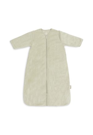 Gigoteuse bébé beige avec manches longues et fermeture éclair à l'avant s'étendant du cou jusqu'en bas.
