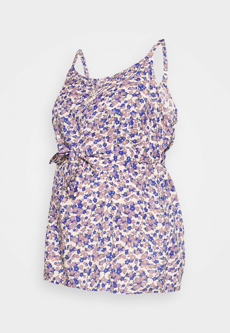 Top floral sem mangas em tecido leve, com flores roxas, azuis e rosas. Amarrado na cintura; ajuste solto com uma silhueta ligeiramente rodada.