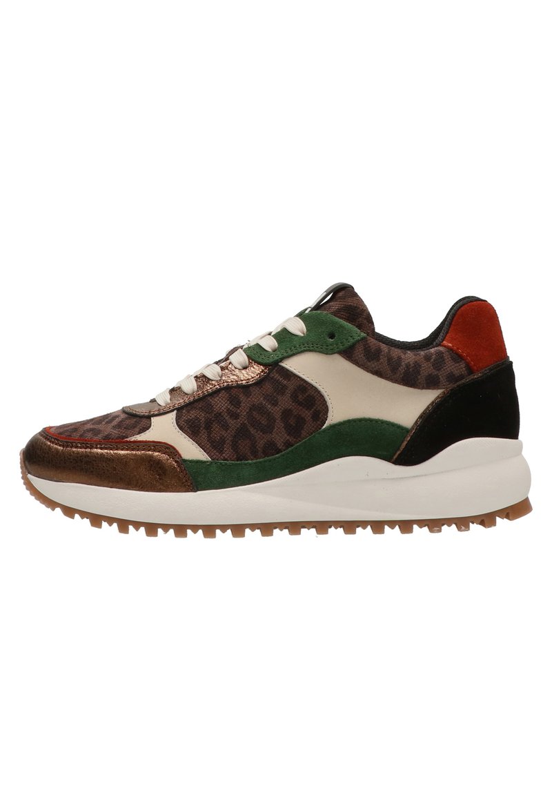 Sneakers met een combinatie van luipaardprint en effen bruin, groen en zwart suède. Witte tussenzool, gestructureerde rubberen loopzool en bruine veters.