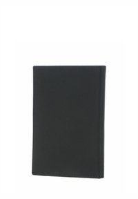 Portefeuille en cuir noir, texture lisse, forme rectangulaire, coins arrondis, coutures visibles le long des bords, sans motifs ni accessoires apparents.