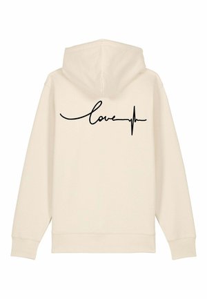 Hoodie crème avec un texte "love" en cursive noire et un design de ligne de battement cardiaque au dos. Tissu doux, capuche avec cordon de serrage et poignets côtelés.