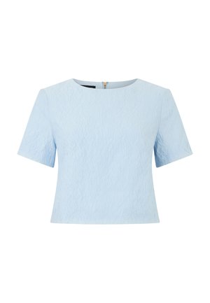 Hellblaues, kurzärmeliges, strukturiertes Crop-Top mit Rundhalsausschnitt und Reißverschluss an der Rückseite.