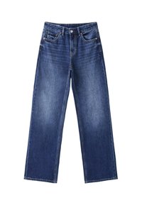 Jean en denim bleu à coupe droite avec poches avant et arrière, passants de ceinture et fermeture par bouton à la taille.