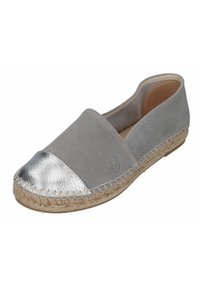 Gray suede slip-on shoe with a metallic silver toe cap and jute rope sole. Features minimal branding and a smooth texture.