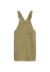 Sukienka ogrodniczka z sztruksu w oliwkowej zieleni z regulowanymi ramiączkami, przednią kieszenią oraz dwoma bocznymi kieszeniami. Gładka tekstura, sylwetka w kształcie litery A.