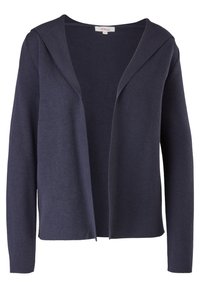 Laivansininen auki oleva neuletakki, jossa on pitkät hihat ja pehmeä neulepinta, esillä valkoista taustaa vasten.