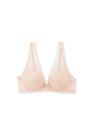 Hellrosa Spitzen-BH mit Blumenmustern, gewellten Rändern und einer kleinen zentralen Schleife, flach auf weißem Hintergrund gezeigt.