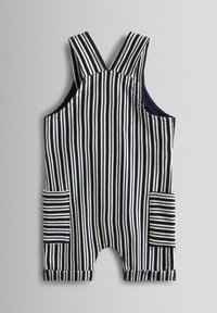 Pruhované nohavice na traky z bavlny, so zvislými námorníckymi modrými a bielymi pruhmi, ramennými popruhmi, dvoma bočnými vreckami a zatočenými lemami.