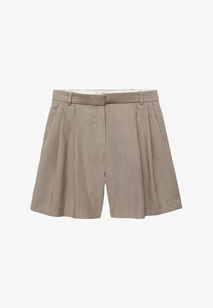 Beige veckade shorts gjorda av tyg med vertikala nålar. Har en midjeband med bältesömmar och en rak skärning.