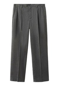 Pantalones de lana gris con un corte relajado, que cuentan con una cinturilla, pliegues delanteros y bolsillos laterales. Textura suave con un patrón sutil.