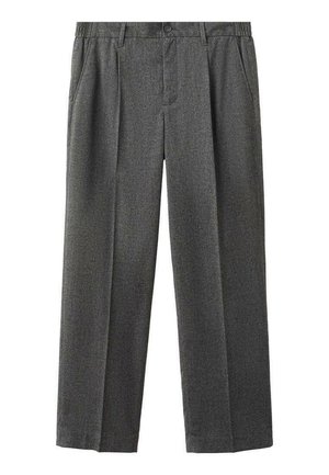 Pantaloni di lana grigia con una vestibilità comoda, dotati di una vita, pieghe frontali e tasche laterali. Texture liscia con un motivo sottile.
