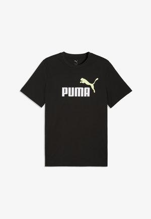 Juoda trumpomis rankovėmis palaidinė su apvalia iškirpte, priekyje baltas logotipas „PUMA“ ir virš jo šviesios spalvos puma siluetas.