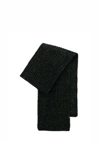 Zwarte gebreide sjaal met een geribbelde textuur, in een rechthoekige vorm en met een gevouwen ontwerp. Aangevuld met een klein logo-label aan één uiteinde.