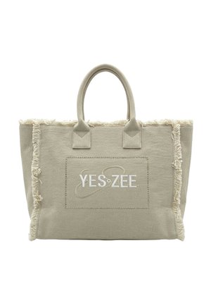 Borsa tote in tela beige con bordi sfrangiati, doppi manici e "YES ZEE" ricamato al centro davanti.