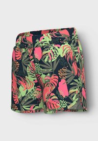 Kwiatowe szorty kąpielowe z elastycznym pasem, z wyrazistym wzorem zielonych, różowych i granatowych liści oraz abstrakcyjnych kształtów.